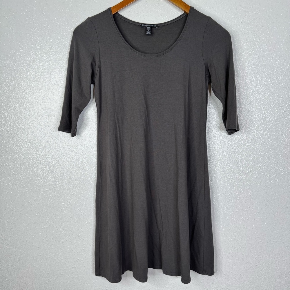 Eileen Fisher Gray Stretchy Knit 3/4 Scoop Neck Swing Dress Size Xxs